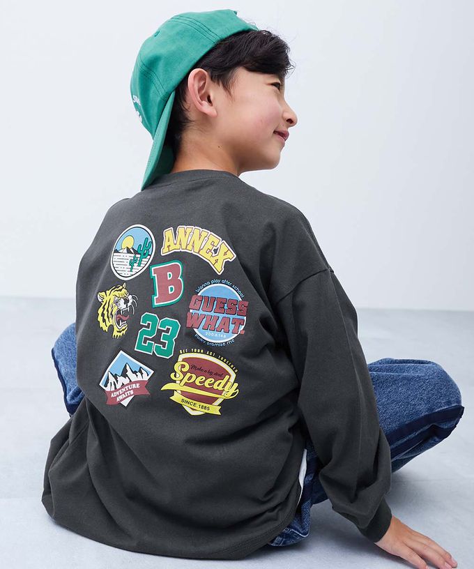 日本 devirock - 100%棉 定番印花寬版長袖上衣-個性補丁-燕麥