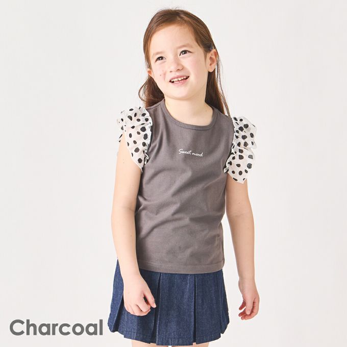 日本 evercloset - 100%棉 點點蕾絲短袖上衣-深灰