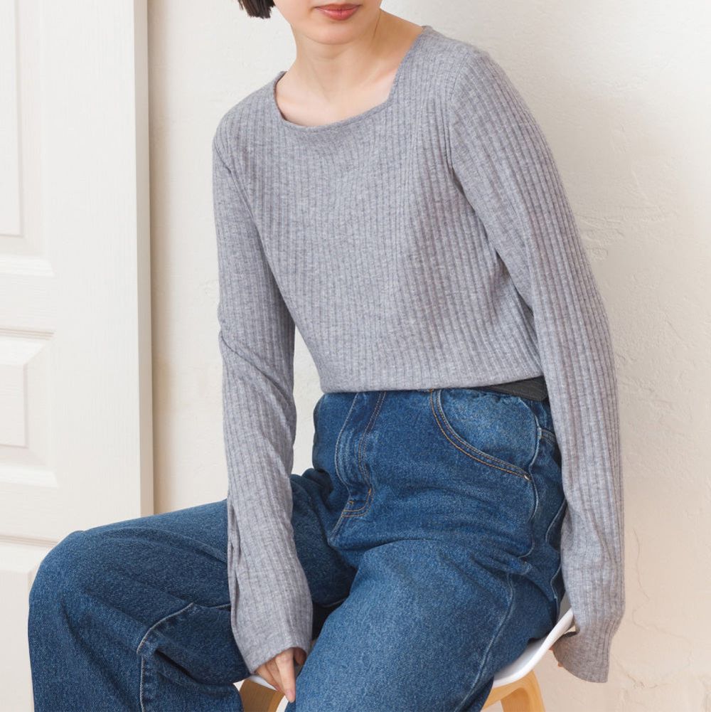 迷人方領混嫘縈羅紋長袖上衣-淺灰