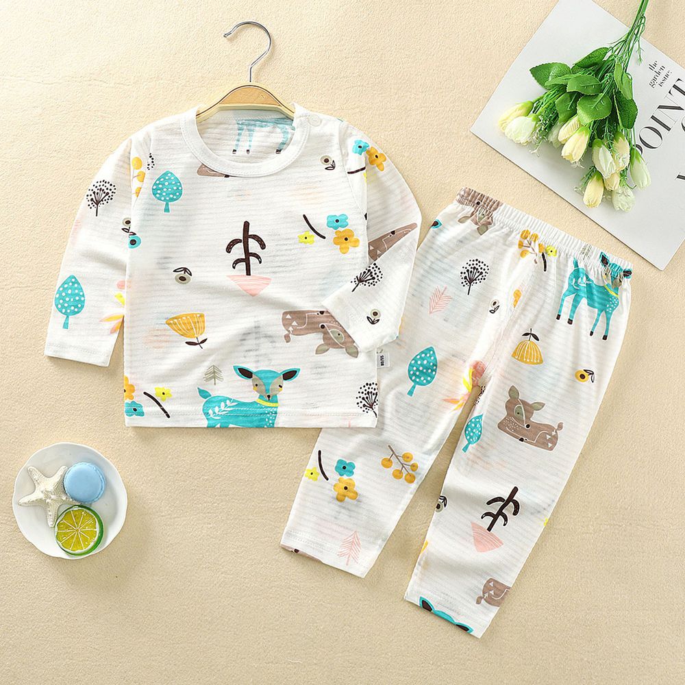 超薄款竹節棉睡衣家居服長袖套裝-小鹿森林