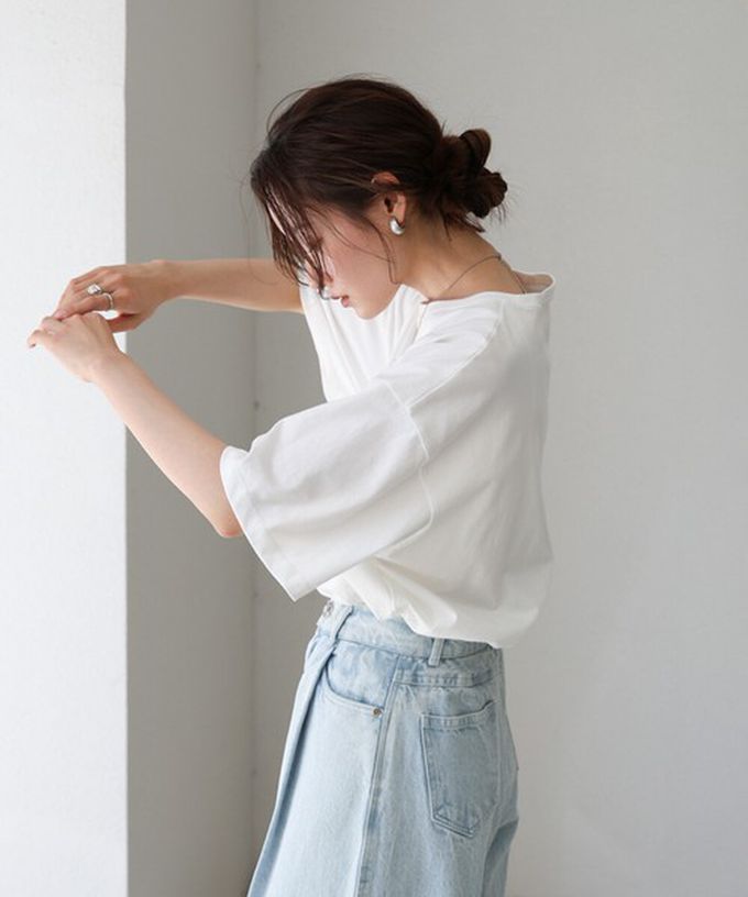 日本 Bab - 100%棉 極簡照片印花五分袖上衣-杏底綠字 (M)