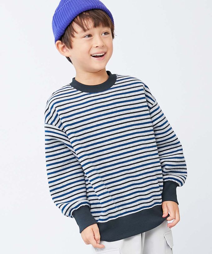 日本 devirock - 裏起毛 百搭條紋大學長袖上衣-白