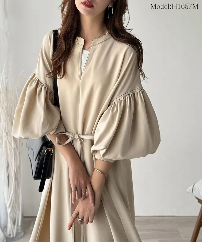 日本 Classical Elf - 鑰匙領氣質澎澎腰綁帶長袖洋裝-海軍藍