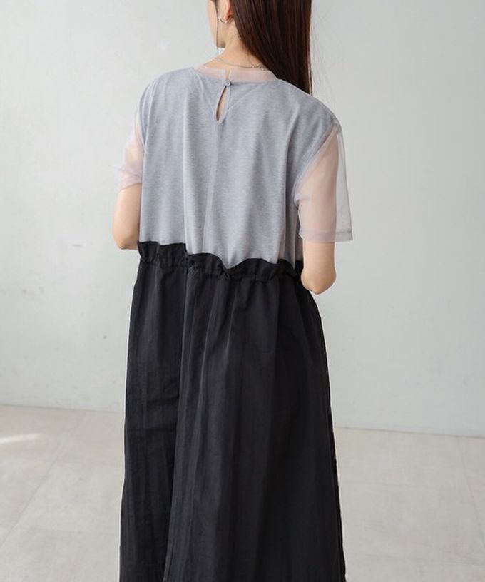 日本 Bab - 拼接層次感抽繩薄紗短袖洋裝-白x炭灰