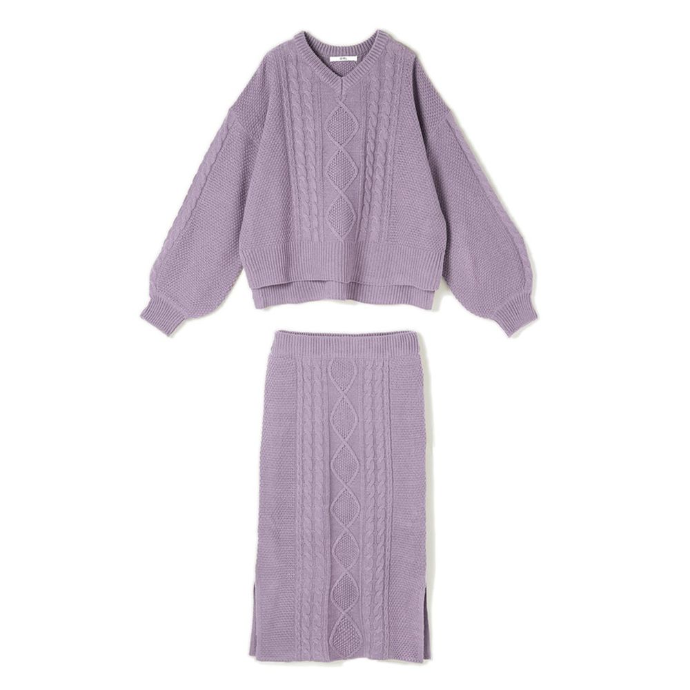 日本 GRL - 麻花邊澎袖毛衣X針織長裙套裝-星塵紫