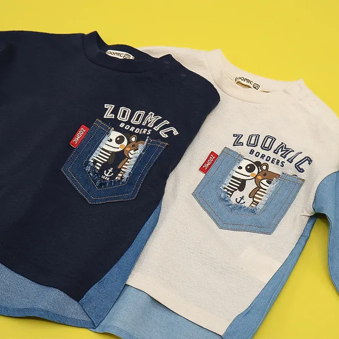 日本 ZOOLAND - 丹寧風小熊長袖上衣-帥氣刷破口袋-海軍藍