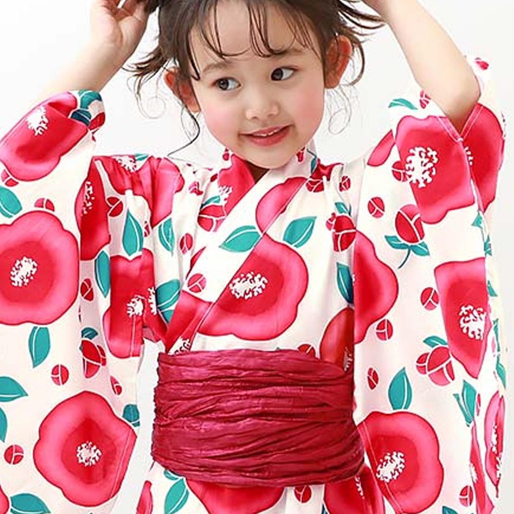 日本 devirock - 純棉夏日祭典花朵浴衣兵兒帶2件組-椿花-紅x紅