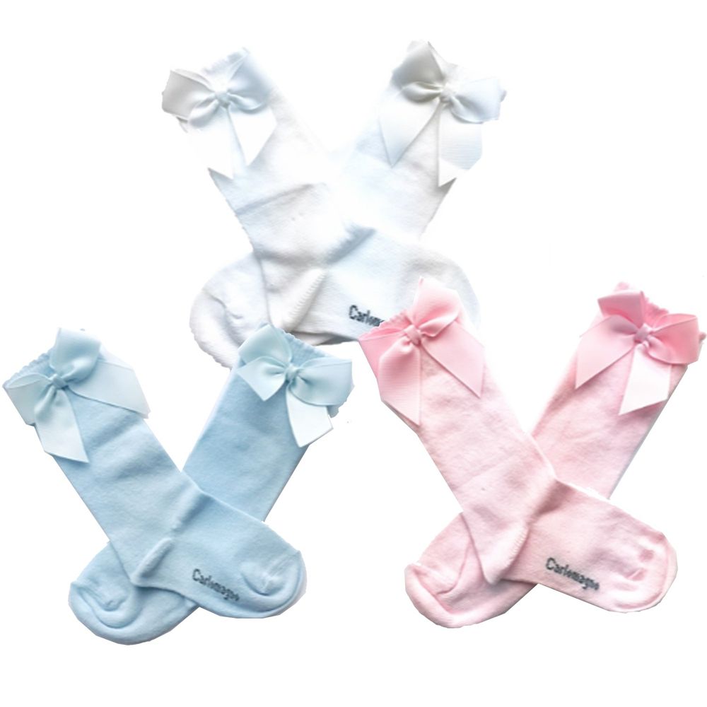 西班牙 Carlomagno - 童襪-蝴蝶結-白、淺藍、淺粉三入組