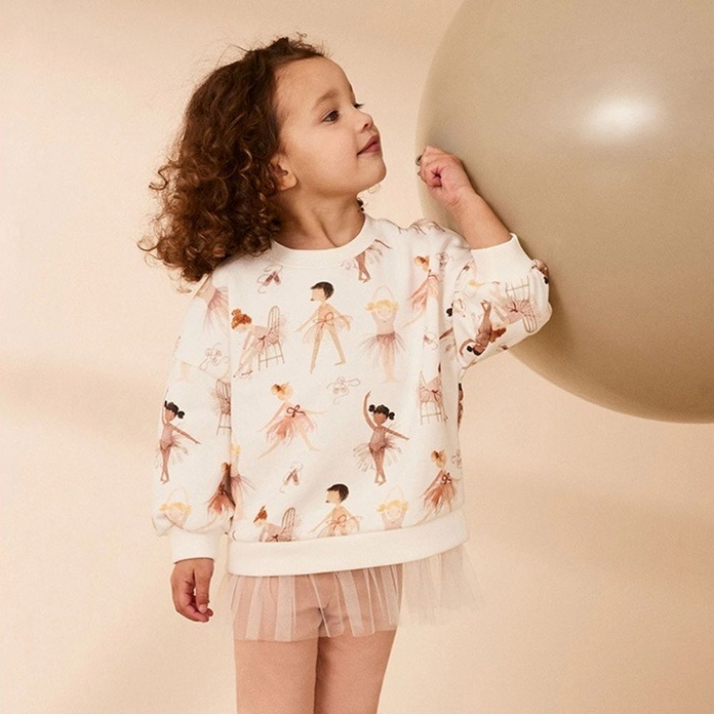 棉質圓領長袖連身網紗洋裝-芭蕾舞者們-白色