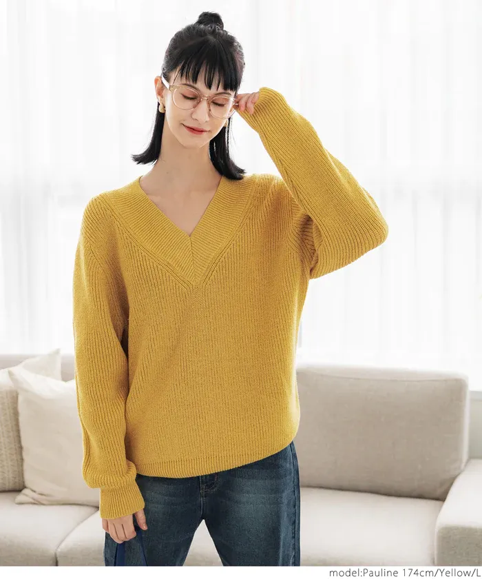 日本 COCA - 文藝V領羅紋針織毛衣-芥黃