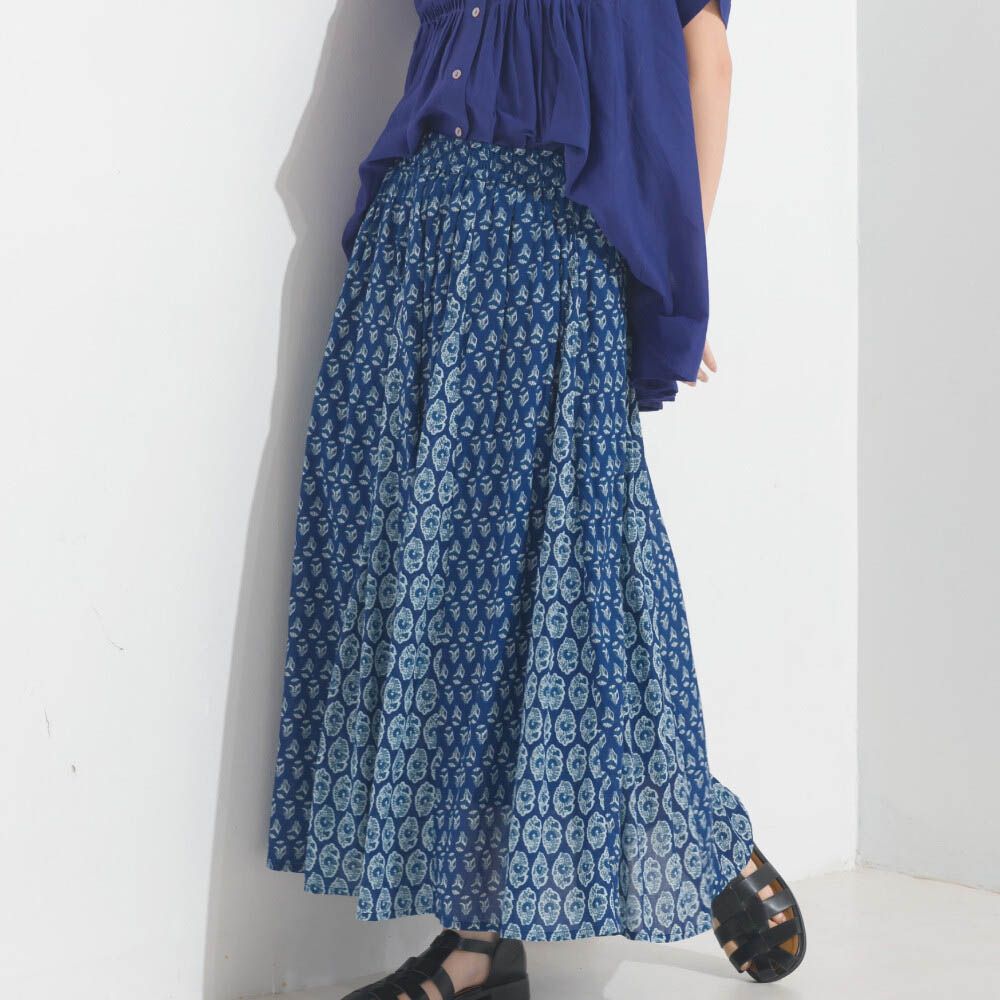 100%印度棉 奢華印花飄逸感長裙-寶藍