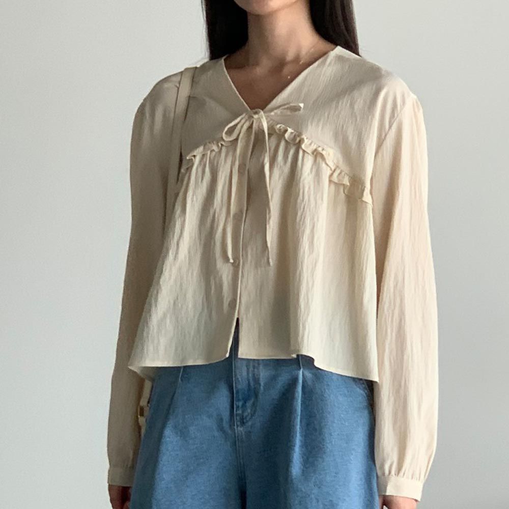 韓國女裝連線 - 胸前波浪邊點綴長袖襯衫-米黃 (FREE)