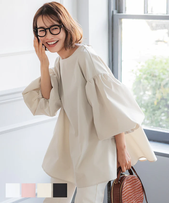 日本 COCA - 經典浪漫圓領澎澎袖上衣-米白