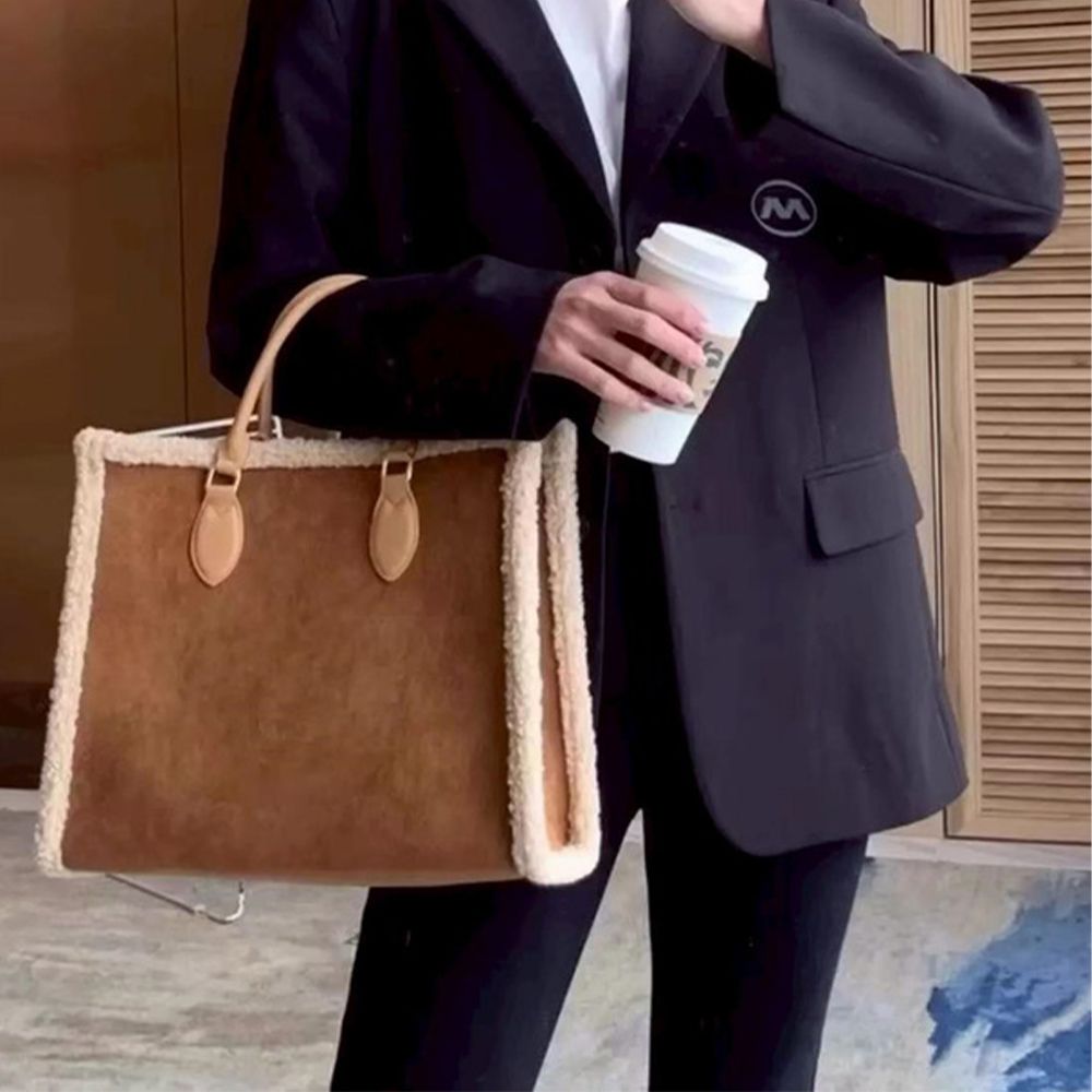 麂皮羊絨感俐落方型手提/側背包-焦糖 (F)