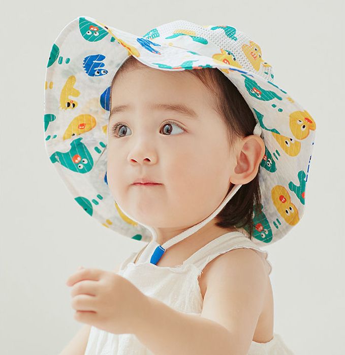 兒童透氣遮陽帽/漁夫帽-英文字怪物-白色