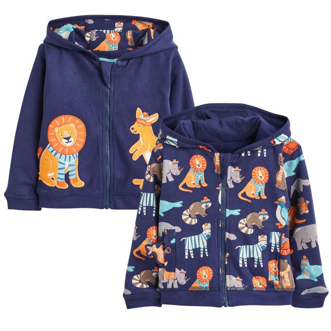 英國 JoJo Maman BeBe - 幼/兒童雙面穿100%純棉保暖連帽外套-動物遊樂園