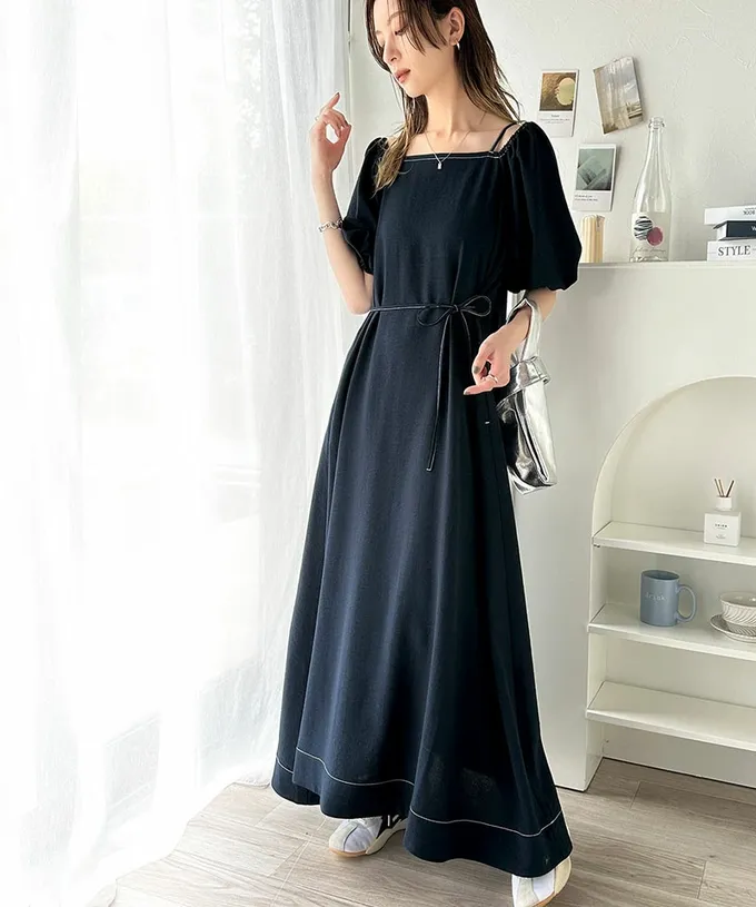 日本 Classical Elf - 典雅2way露肩腰綁帶泡泡袖洋裝-海軍藍