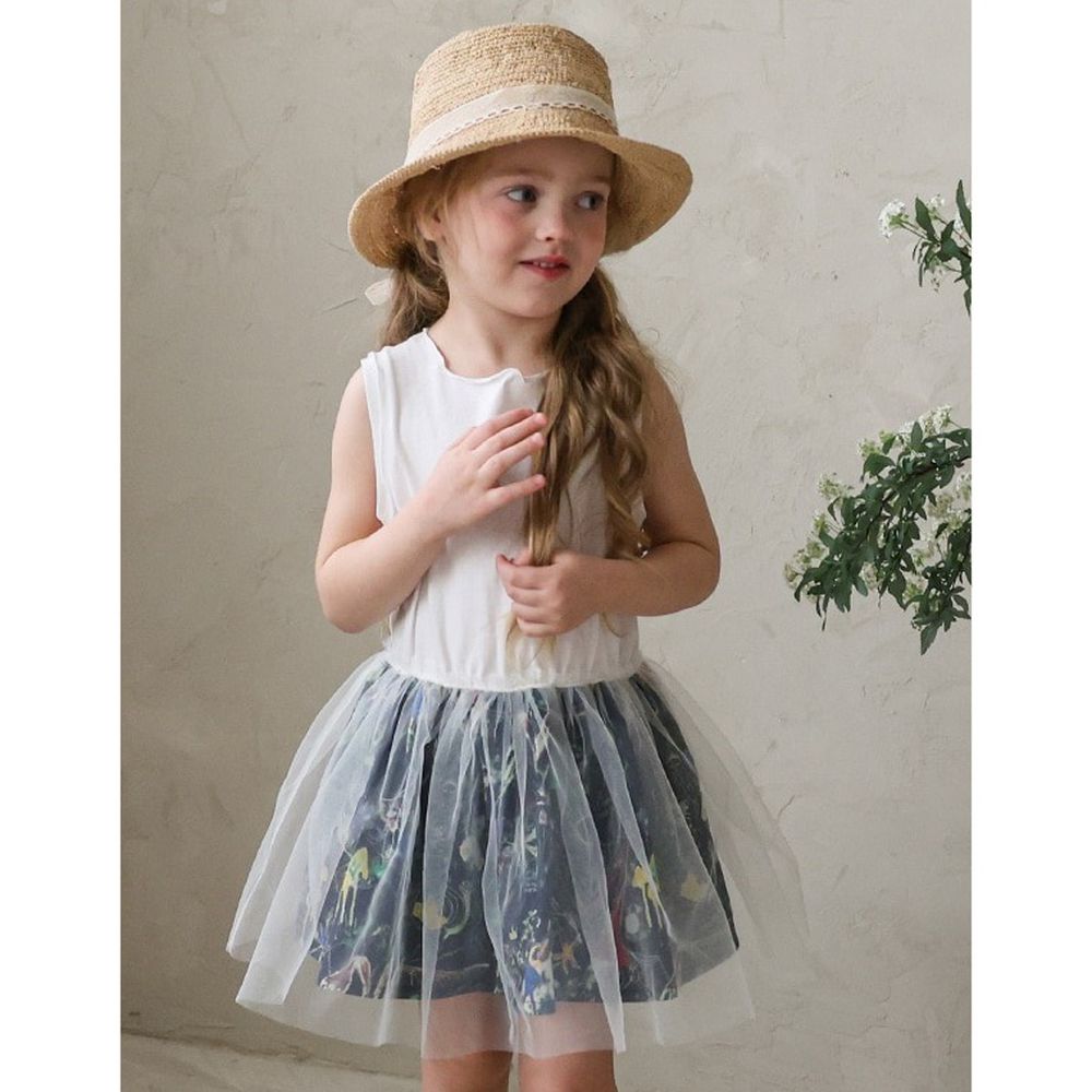 Puellaflo 寶貝塗鴉背心網紗裙洋裝-白X海軍藍