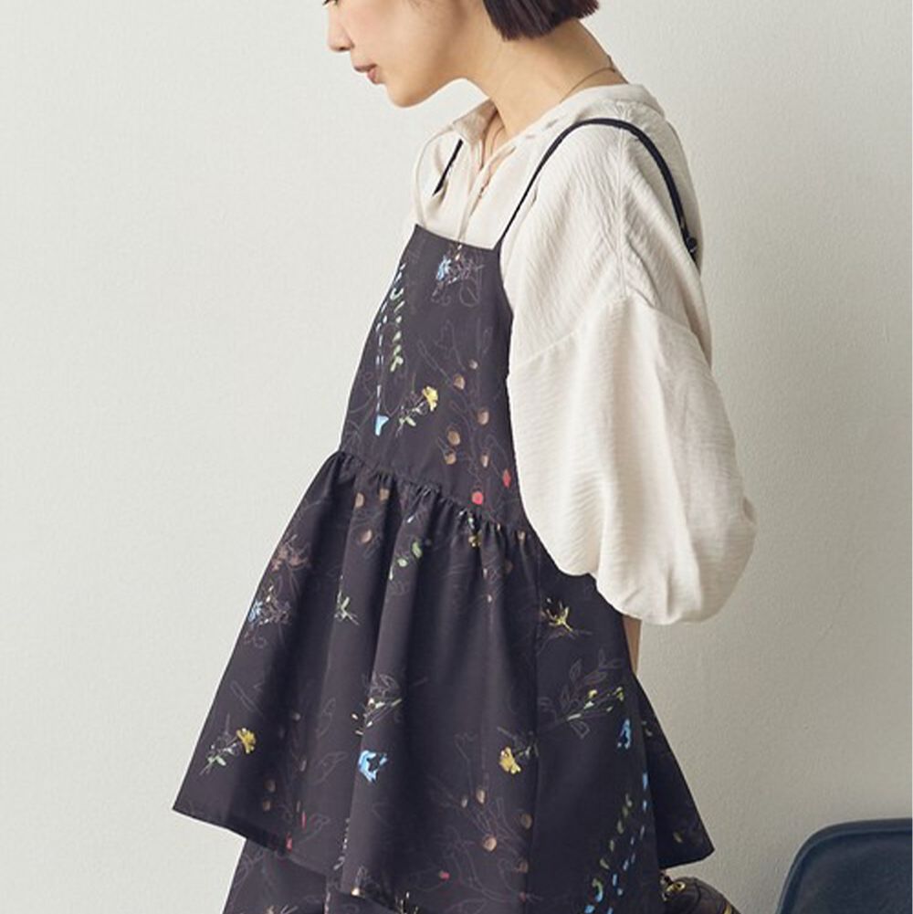 優美花卉縮腰疊穿吊帶背心-黑