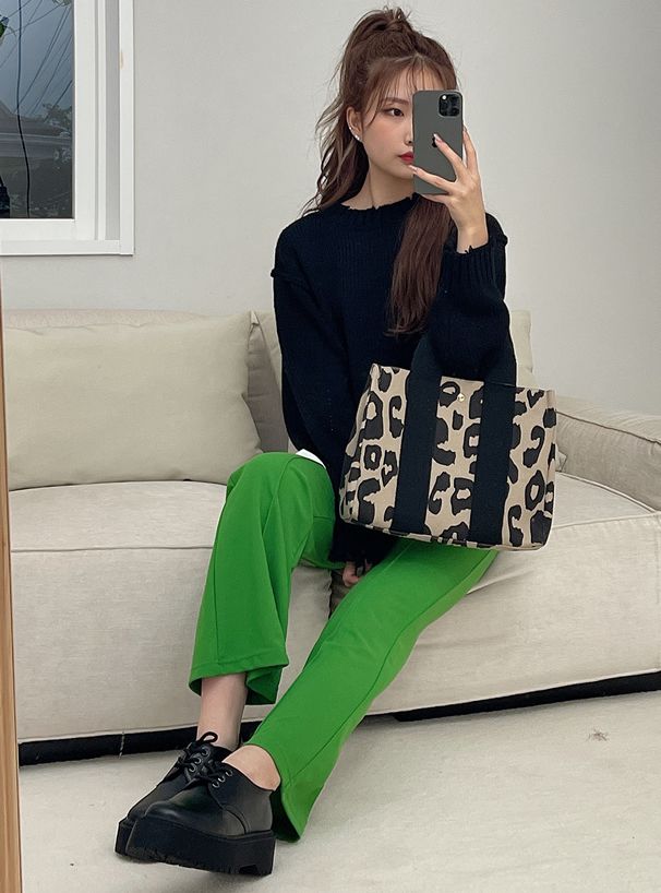 日本 GRL - 率性帆布豹紋托特包/手提包 (F)