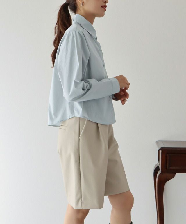 日本 BLUE EAST - 俐落短版翻領長袖襯衫-黑