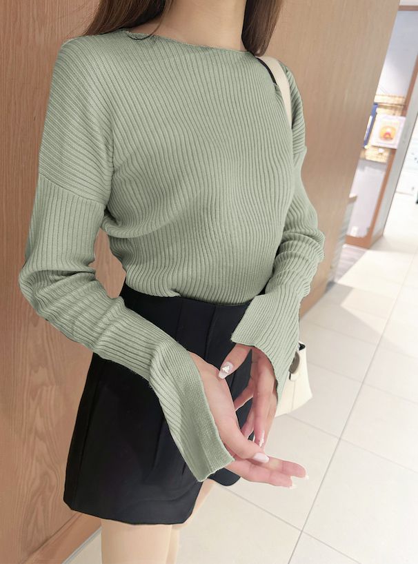 日本 GRL - 袖口剪裁船領羅紋長袖上衣-春芽綠