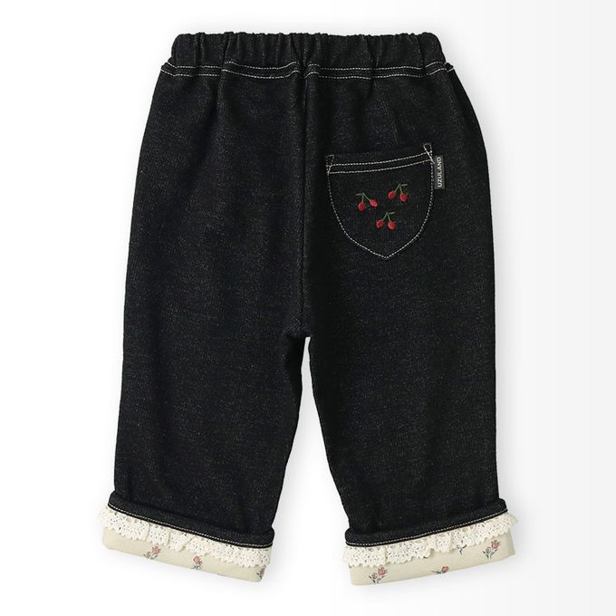 日本 ZOOLAND - 甜美荷葉花朵反摺七分褲-櫻桃刺繡-黑