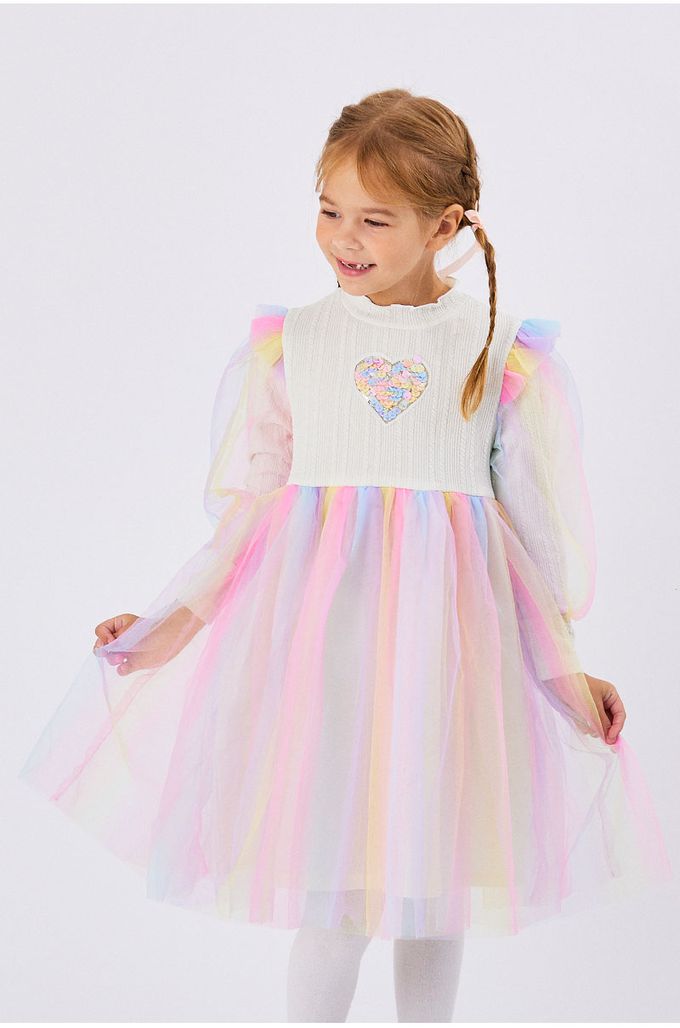 韓國 OZKIZ - 星星亮片愛心歐若拉網紗洋裝-象牙白