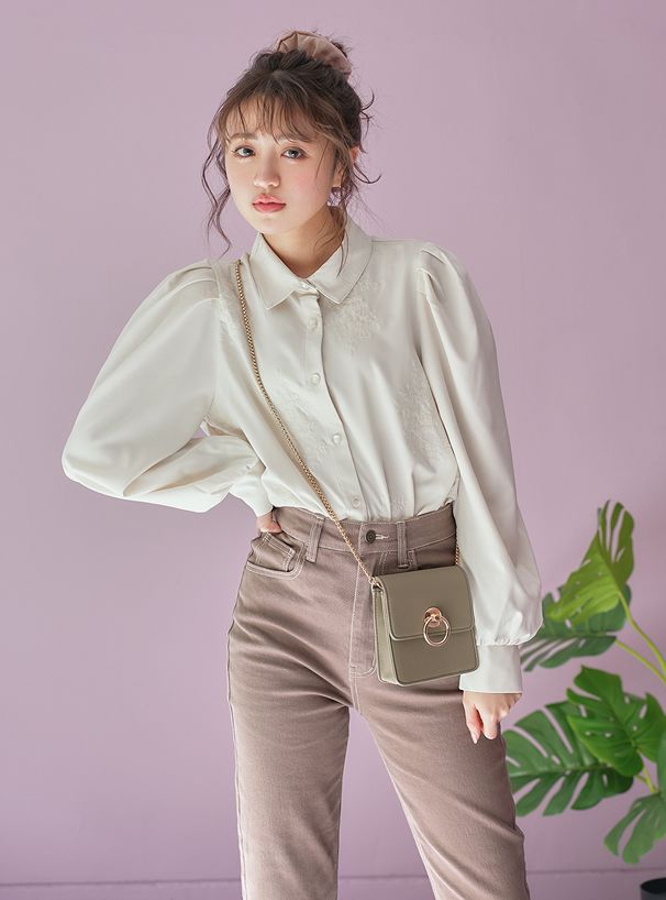 日本 GRL - 花朵刺繡澎澎袖長袖襯衫-米