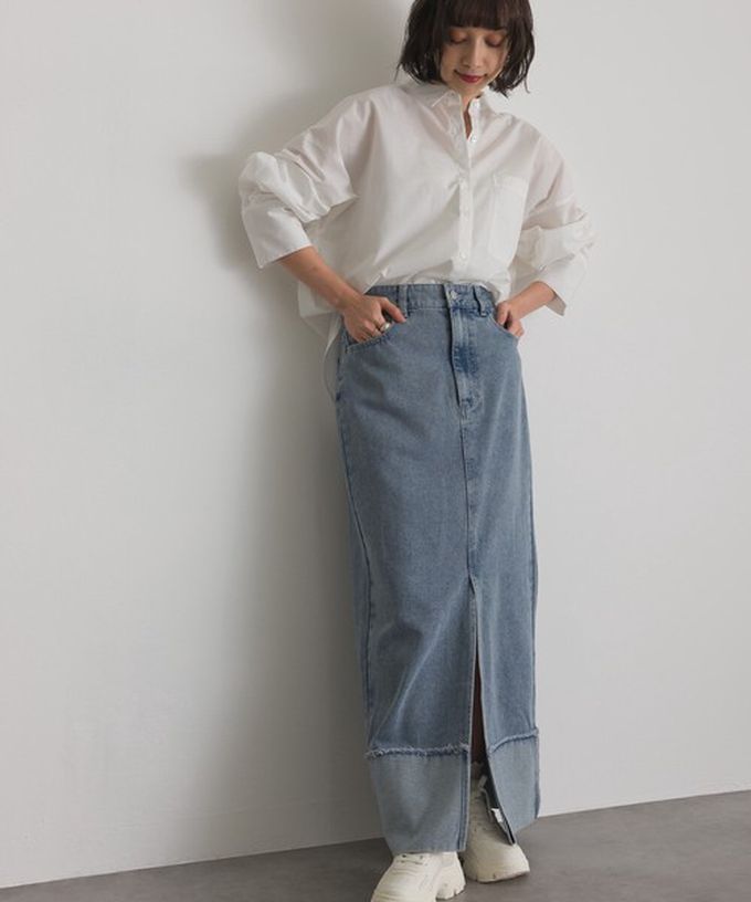 日本 ELENCARE DUE - 10oz抽鬚摺邊俐落前開叉牛仔長裙-黑