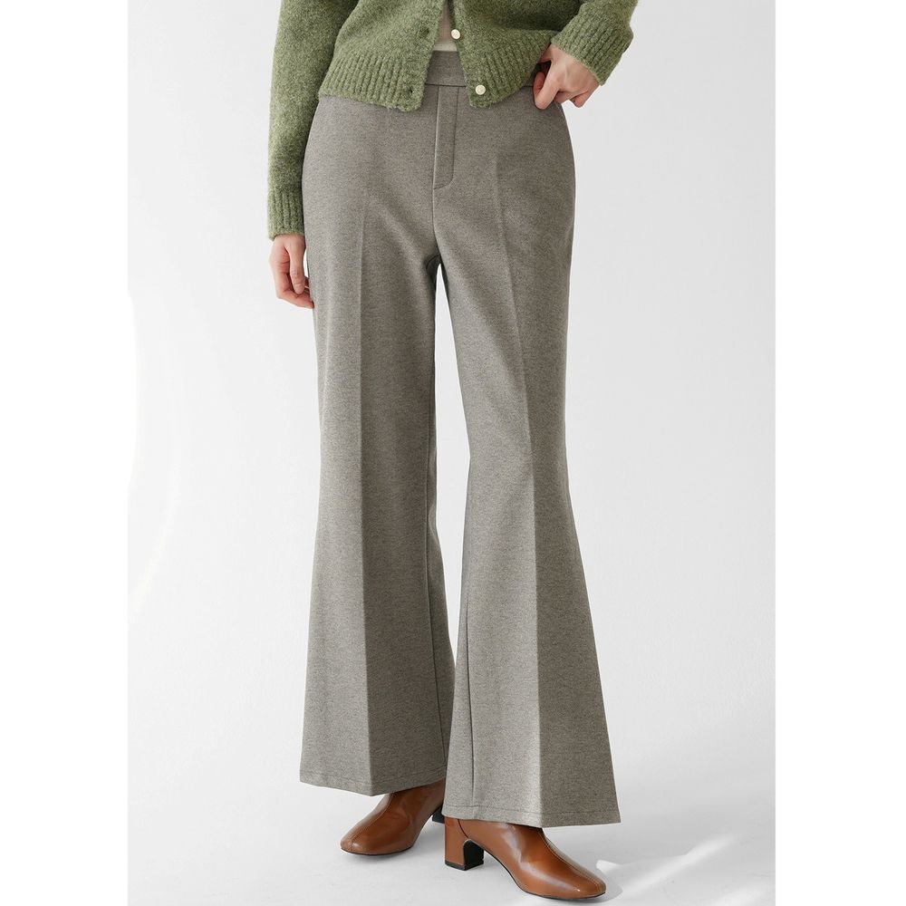 Domingoblue 後鬆緊腰磨毛觸感美型抓褶喇叭褲-卡其灰