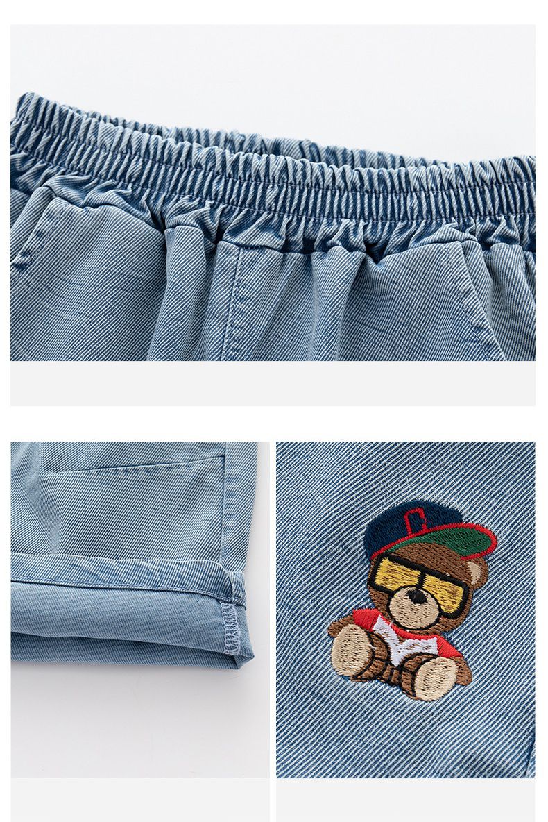 腰鬆緊牛仔休閒五分褲-墨鏡熊熊-淺藍色