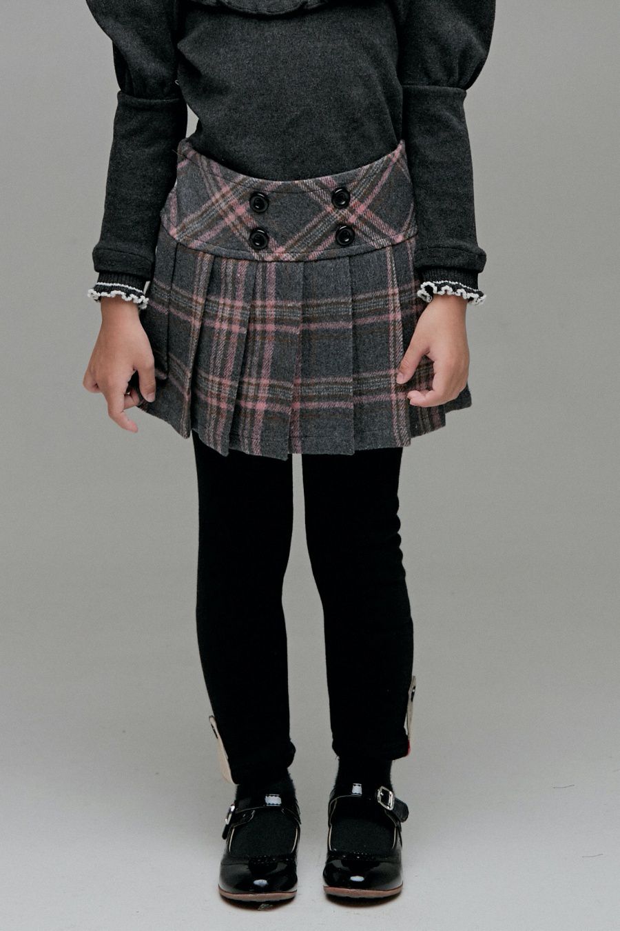 韓國 Coco Bang - 格紋學院風百褶裙-淺灰X粉紅