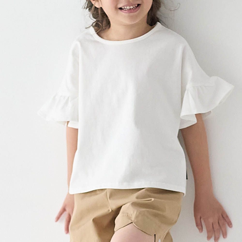 飄逸荷葉邊圓領短袖上衣-白