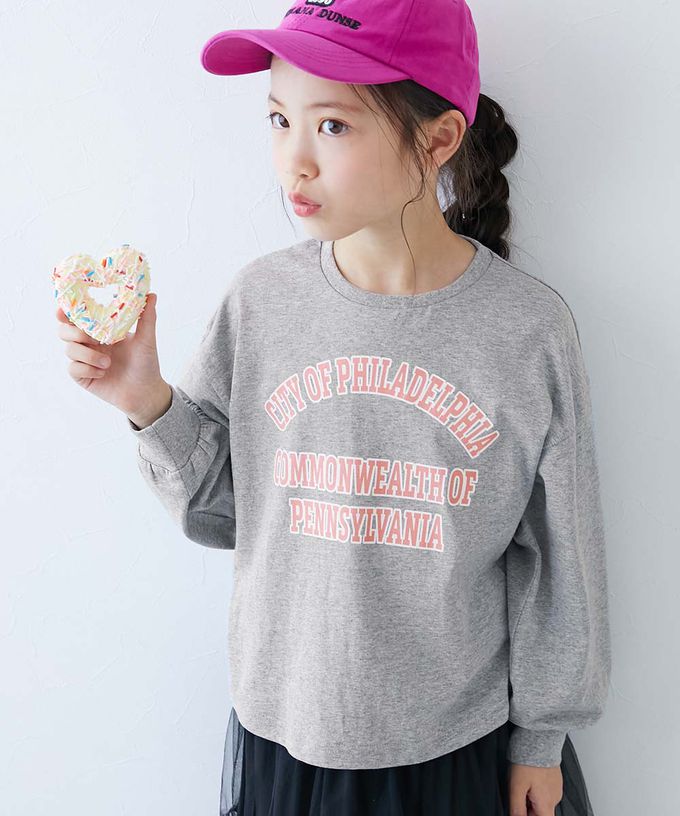 日本 devirock - 100%棉 定番女孩印花長袖上衣-線條愛心-紫