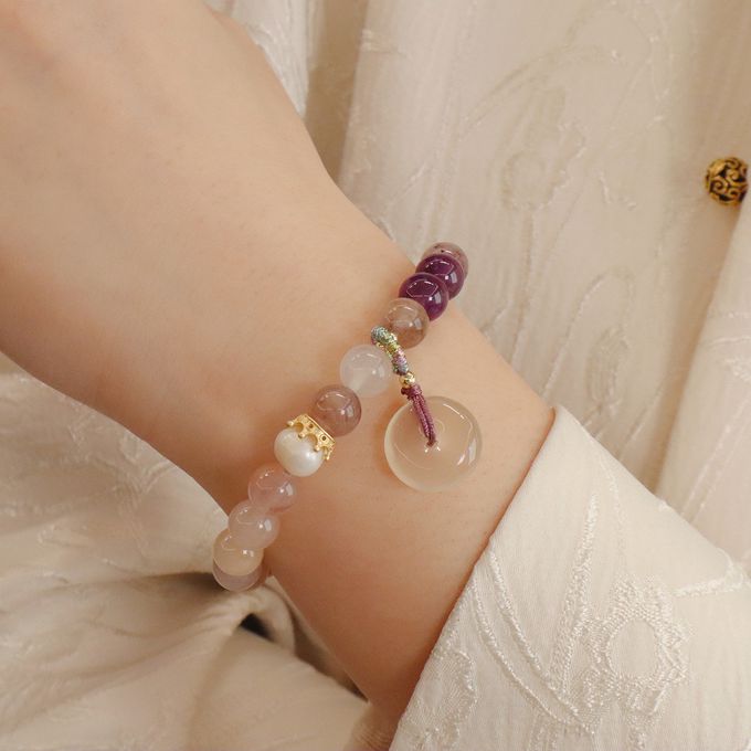 中式氣質天然紫太翠玉髓平安扣手鏈 新年過年開運串珠手鍊