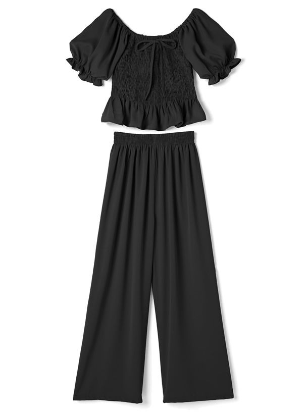 日本 GRL - 蝴蝶結方領泡泡短袖長褲套裝-氣質米