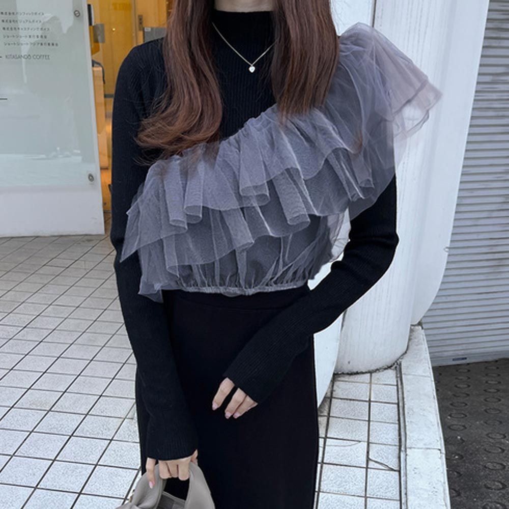 日本 GRL - 斜肩荷葉薄紗+針織二件式上衣-黑 (F)