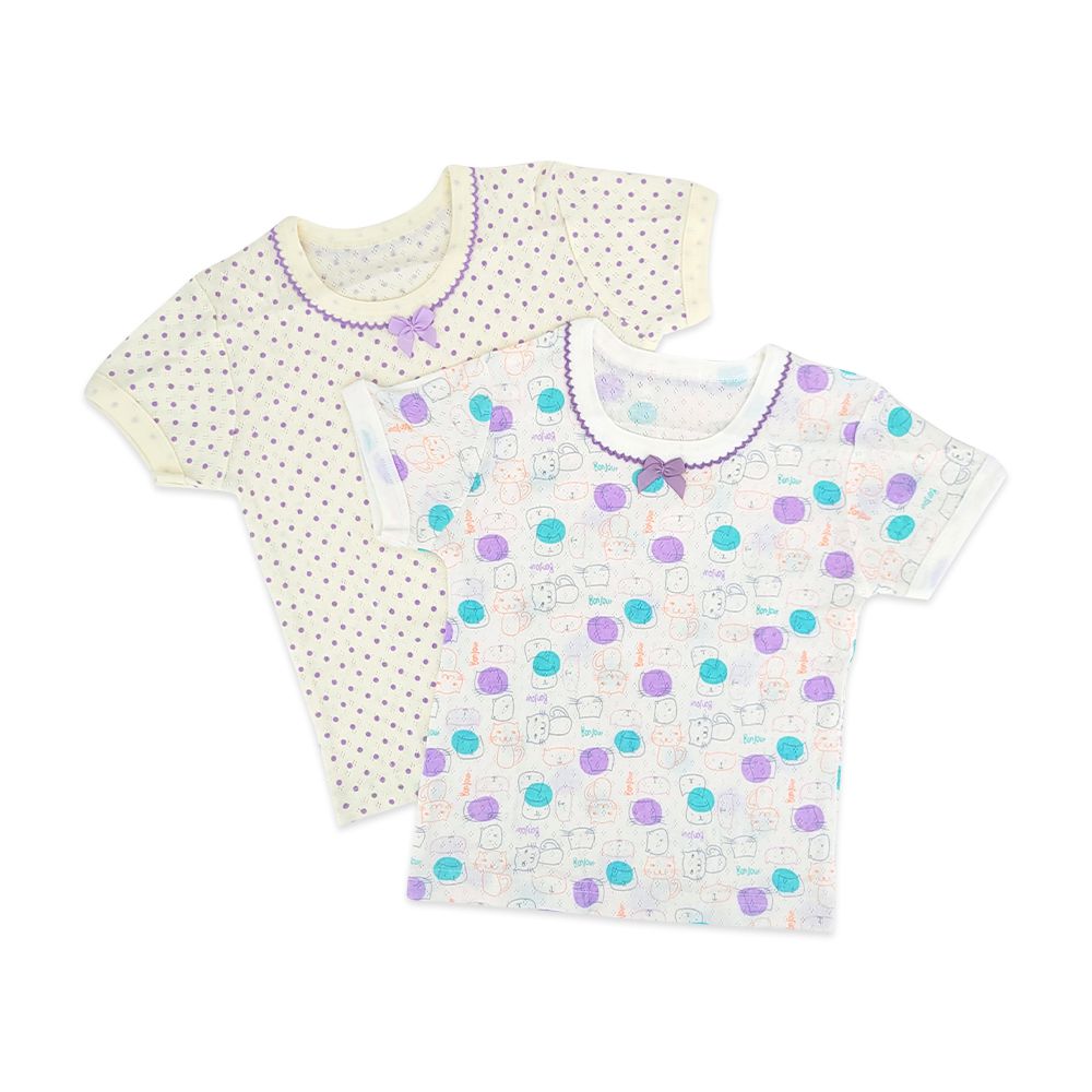 JoyNa - 2件入-兒童短袖上衣 棉質兒童T恤-紫波點貓咪
