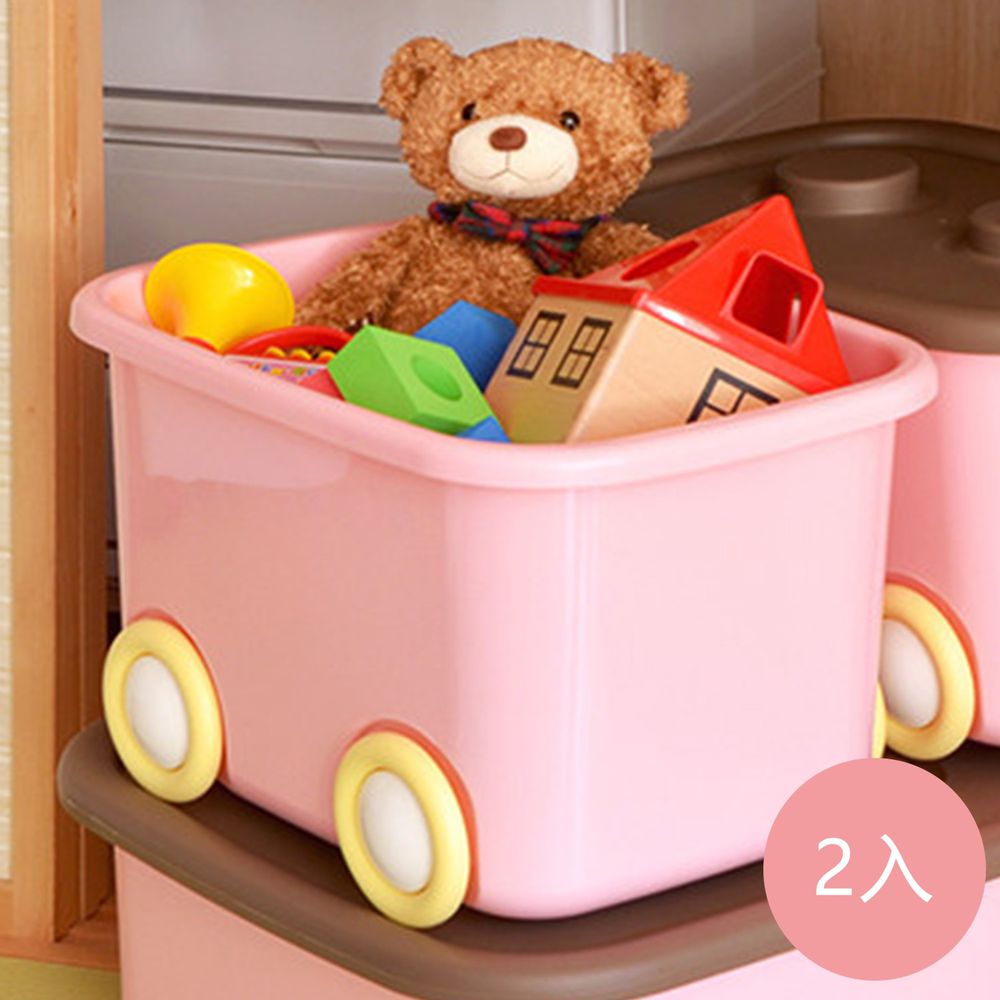 日本伸和 Shinwa - 日本製 玩具衣物可疊固定收納箱L(32L)-附輪-2入-粉紅