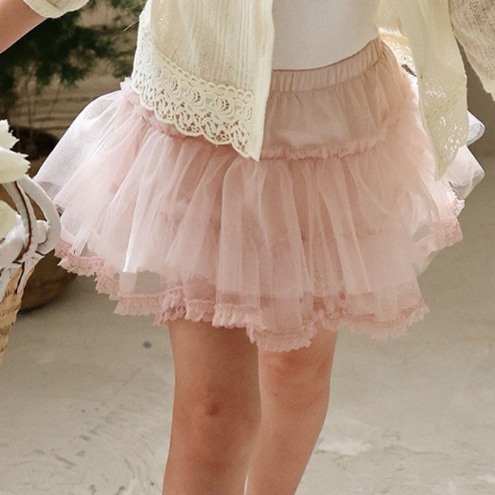 Puellaflo 鬆緊腰層次蓬蓬蕾絲內搭褲裙-粉