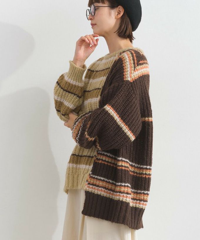 日本 Lupilien - 交錯明亮撞色條紋粗編毛衣-棕色系