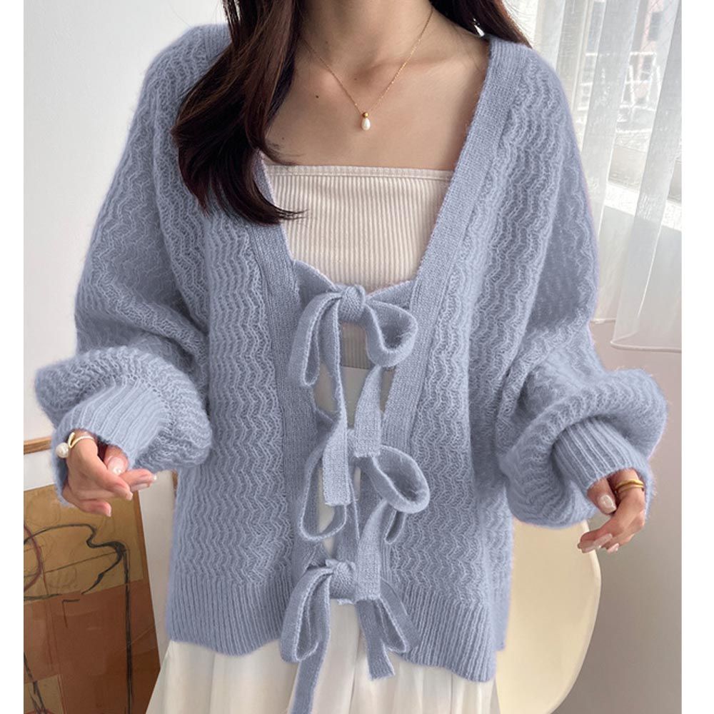 日本 GRL - 甜美綁帶開襟針織外套-寶貝藍 (F)