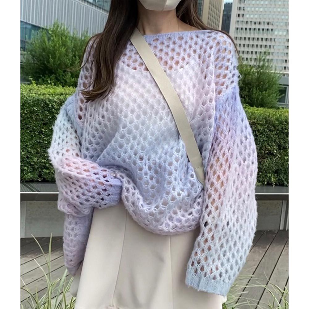 日本 GRL - 渲染漸層長版鉤針毛衣-水藍 (F)