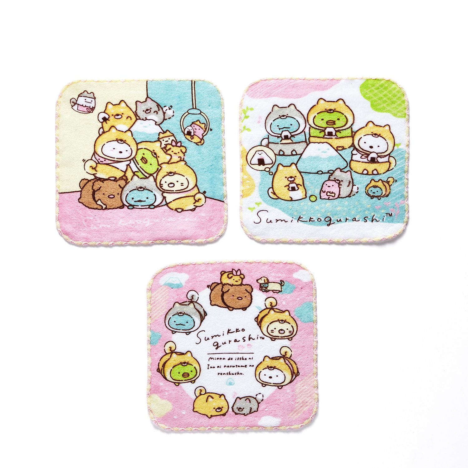 日本千趣會 - 角落生物 純棉吸水擦手巾/手帕3件組-一起玩 (16x16cm)