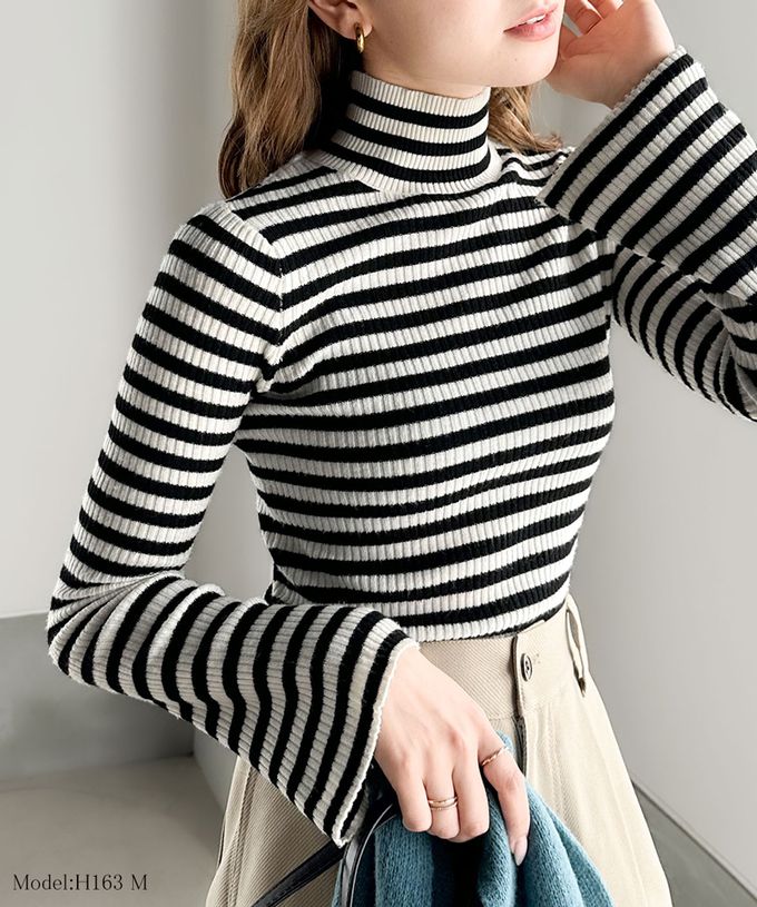 日本 Classical Elf - 小立領彈性羅紋針織上衣-黑白條紋