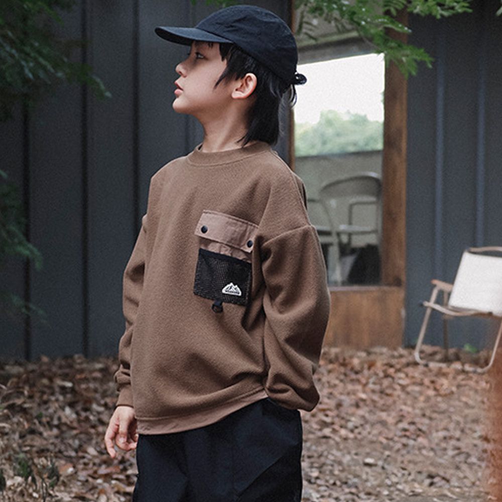 保暖刷絨下擺抽繩防風長袖上衣-咖啡色