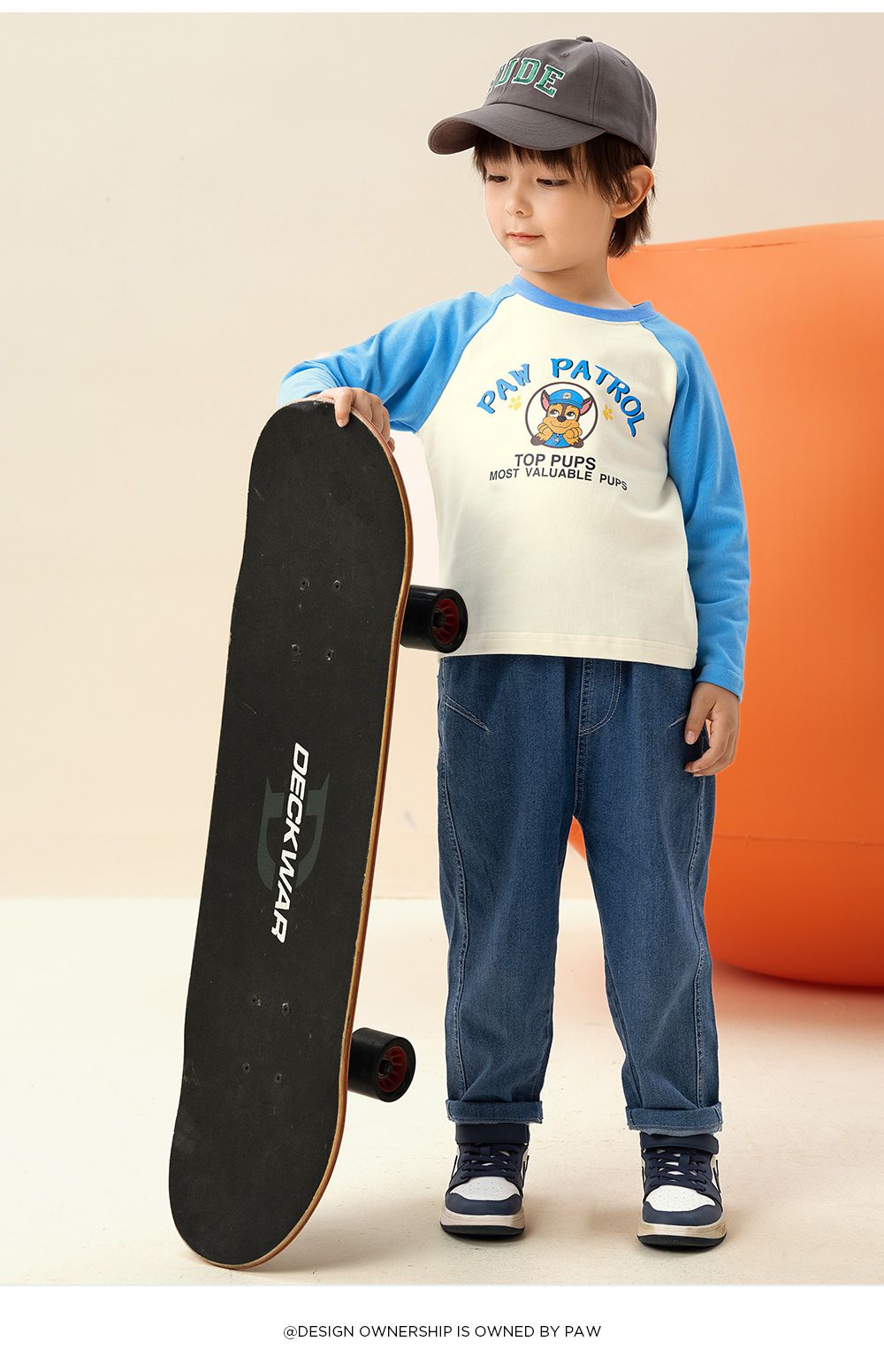 卡通汪汪隊純棉圓領長袖上衣-卡通人物小礫-黃+灰