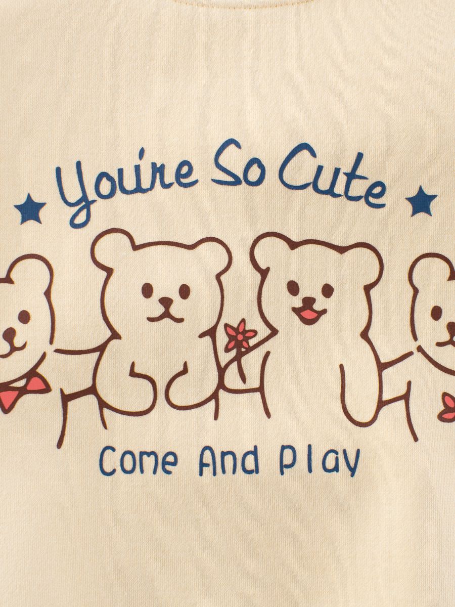 加絨圓領長袖上衣/大學T-熊熊家族-杏色