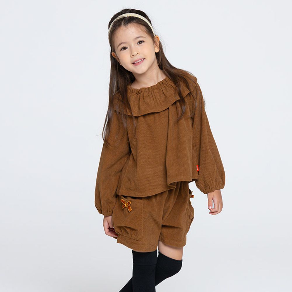 燈芯絨荷葉領長袖上衣X短褲套裝-咖啡